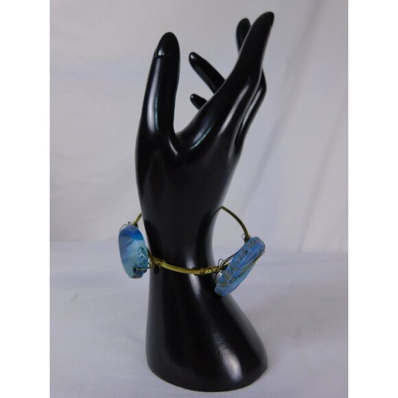 Handmade Bangle Bracelet Wire Wrapped Gold Tone Boho Statement Agate Jewelry - Picture 2 of 7